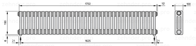 Схема (чертеж) Радиатор Zehnder Charleston 3019/37 №3570 Белый глянцевый RAL 9016